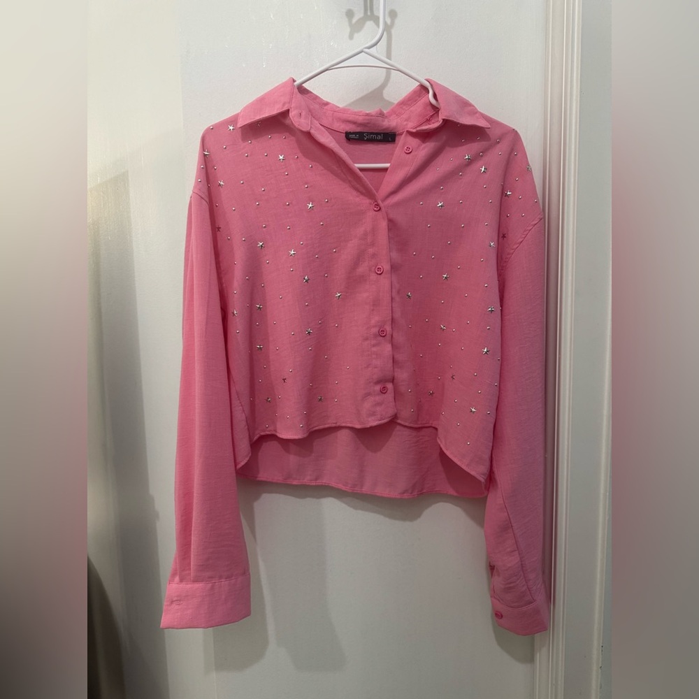 Pink Cuffed Sleeve Crop Button Down Shirt
